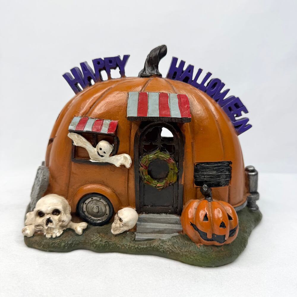 Halloween Pumpkin Trailer Painted Resin Decor Light Up